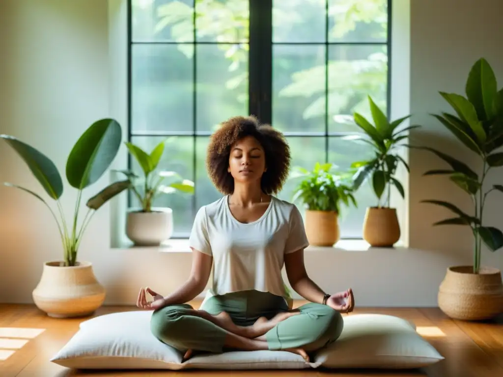 Persona meditando en una habitación serena y minimalista, integrando aplicaciones de meditación y ciencia