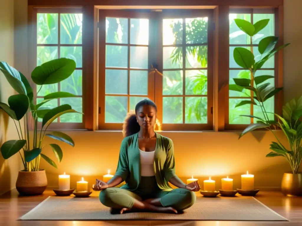 Persona meditando en una habitación serena con plantas verdes y velas