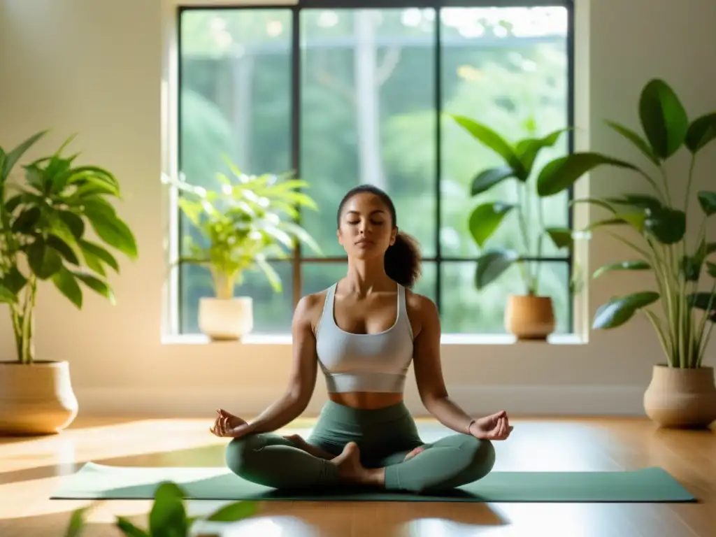 Una persona practica yoga en una habitación serena y soleada con grandes ventanas, rodeada de plantas verdes