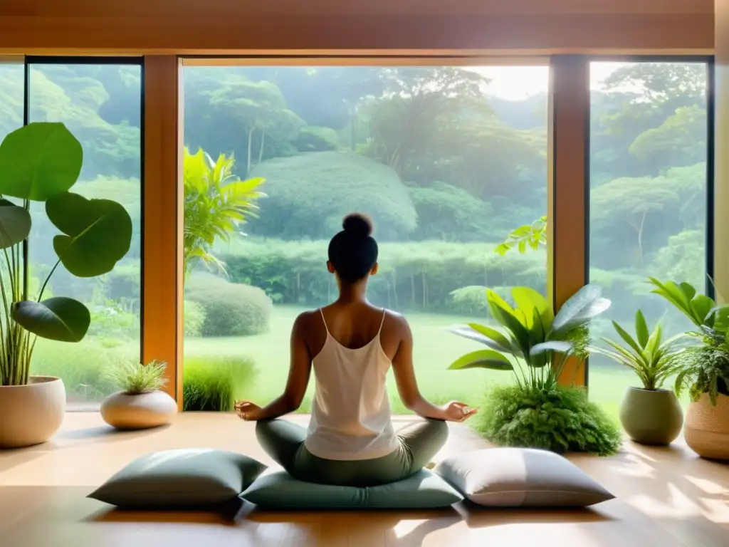 Una persona medita en una habitación serena con vista a la naturaleza, rodeada de plantas y luz natural