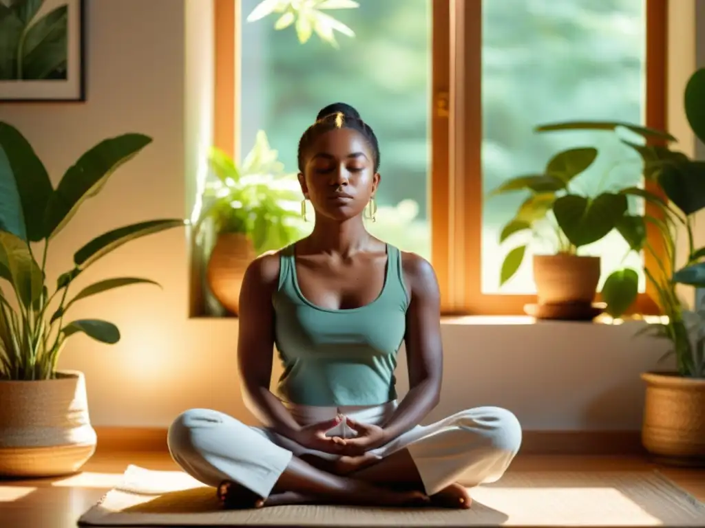 Persona meditando en habitación soleada, transmitiendo paz y serenidad, perfecto para técnicas de meditación para fortalecer sistema inmune