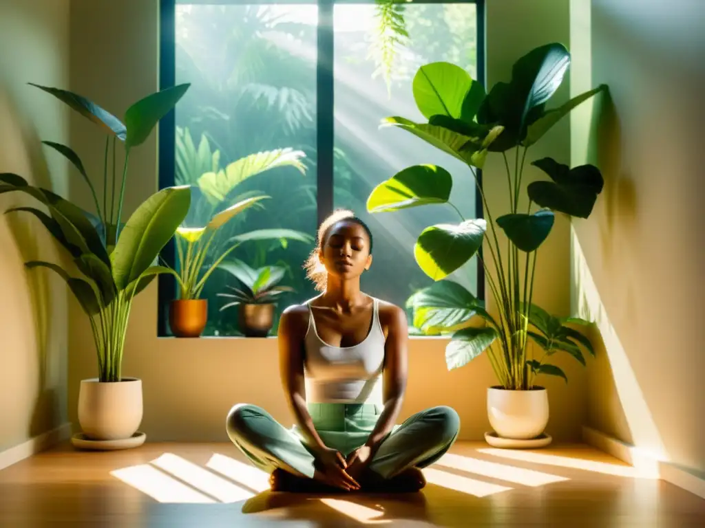 Persona meditando en habitación soleada rodeada de plantas verdes, irradiando serenidad