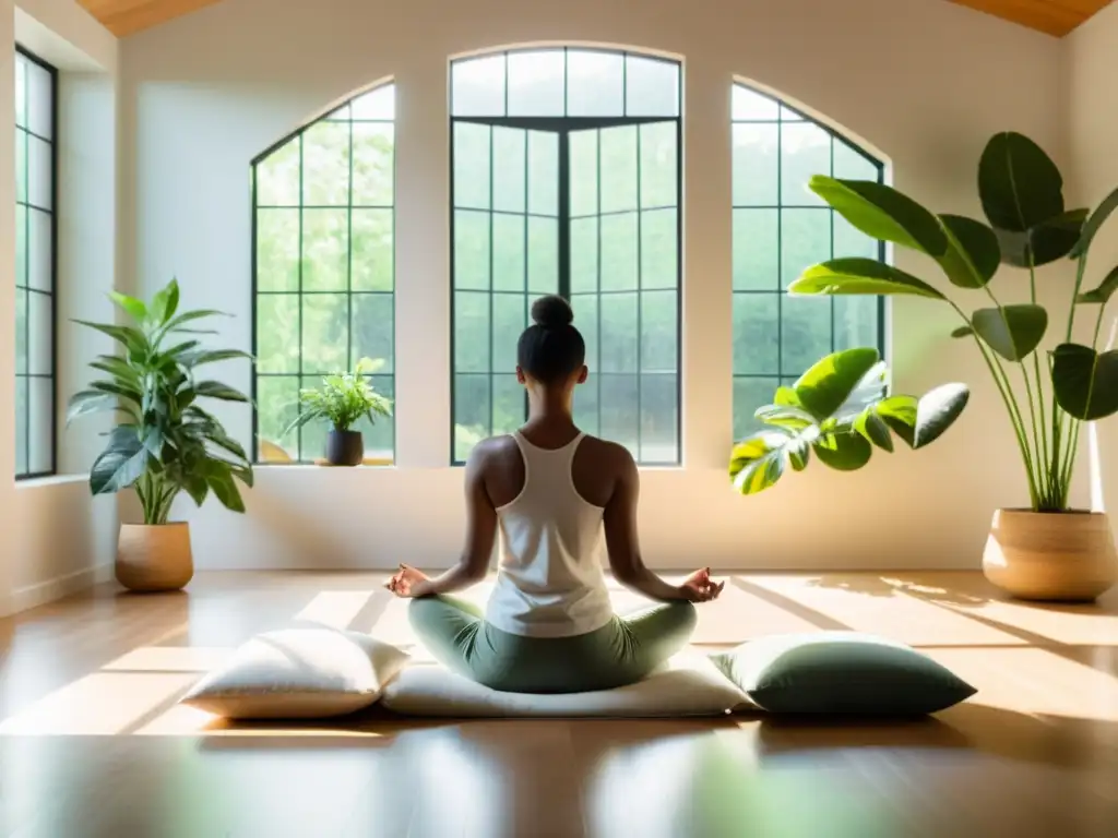 Una persona medita en una habitación soleada y serena con plantas verdes exuberantes, creando un ambiente de paz y equilibrio cuerpo mente