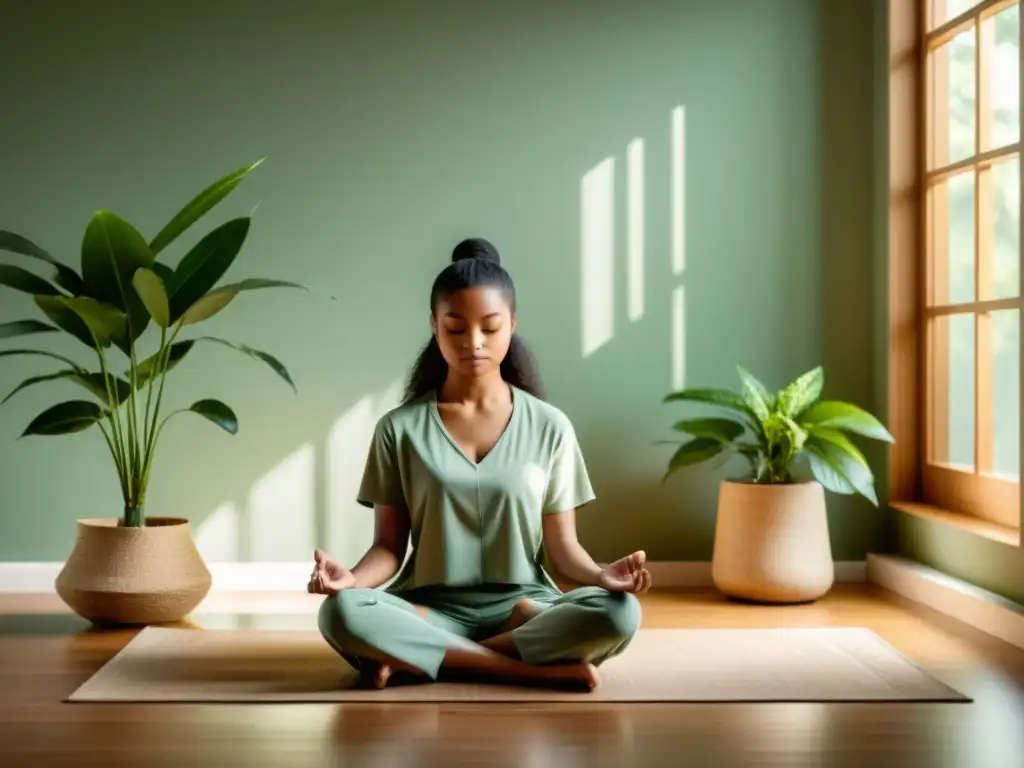 Persona meditando en una habitación tranquila con luz natural y tonos terrosos