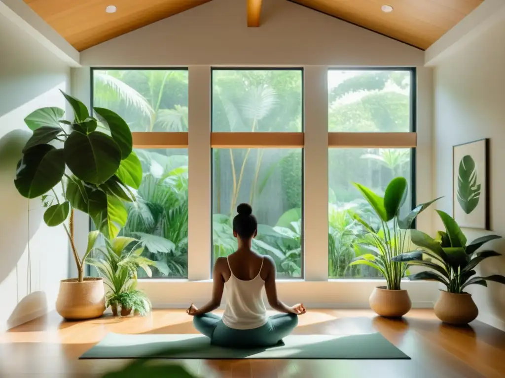 Persona meditando en una habitación tranquila y moderna, rodeada de plantas verdes y luz natural