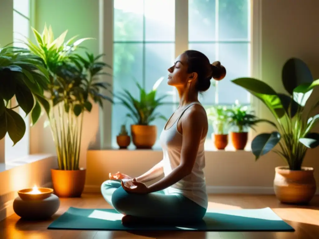 'Persona meditando en una habitación tranquila, rodeada de plantas, practicando técnicas de meditación para fortalecer sistema inmune'