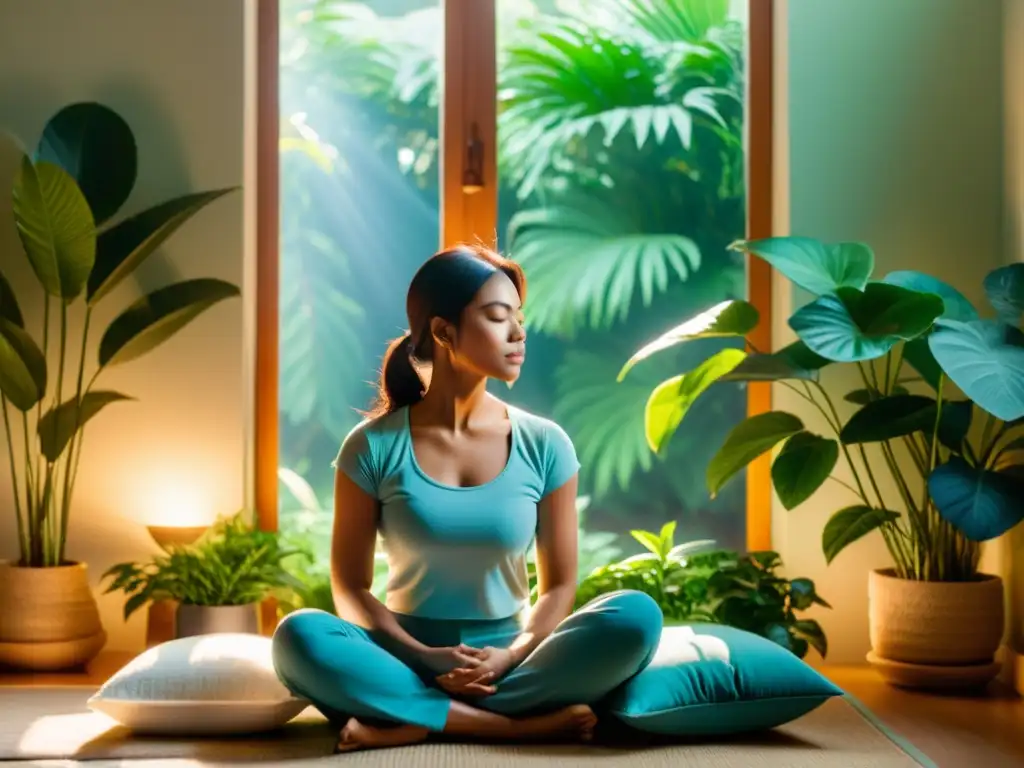 Persona meditando en una habitación tranquila, rodeada de plantas verdes, con luz cálida entrando por la ventana