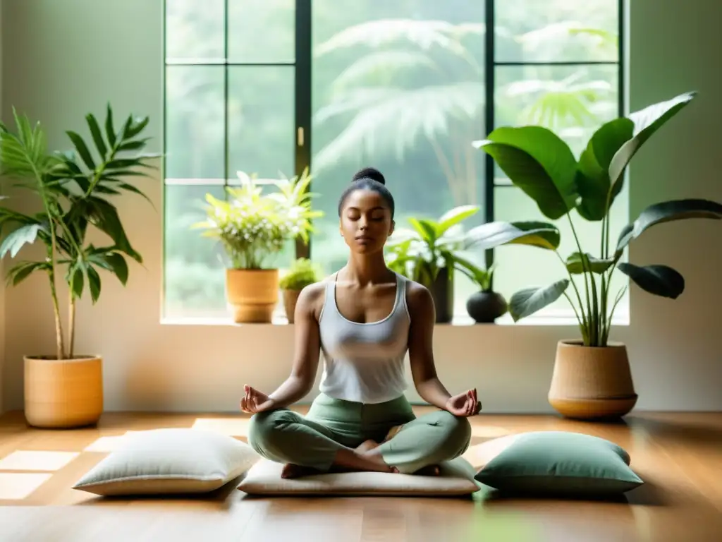 Persona meditando en una habitación tranquila y soleada, rodeada de plantas verdes