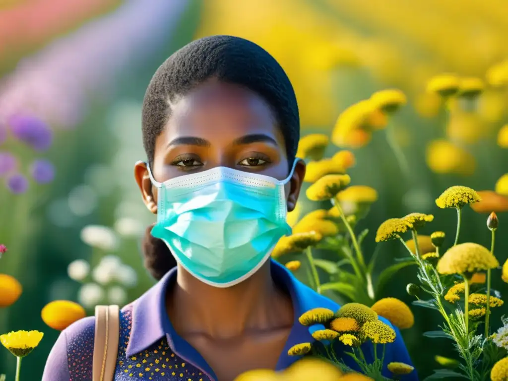 Persona con inmunidad sensible usando mascarilla entre flores, transmitiendo determinación ante alergias estacionales