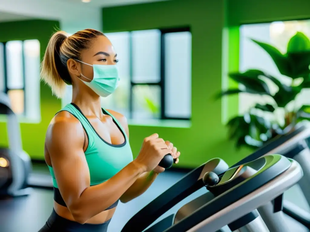 Persona inmunodeficiente sonriendo en gimnasio con luz natural y equipo moderno