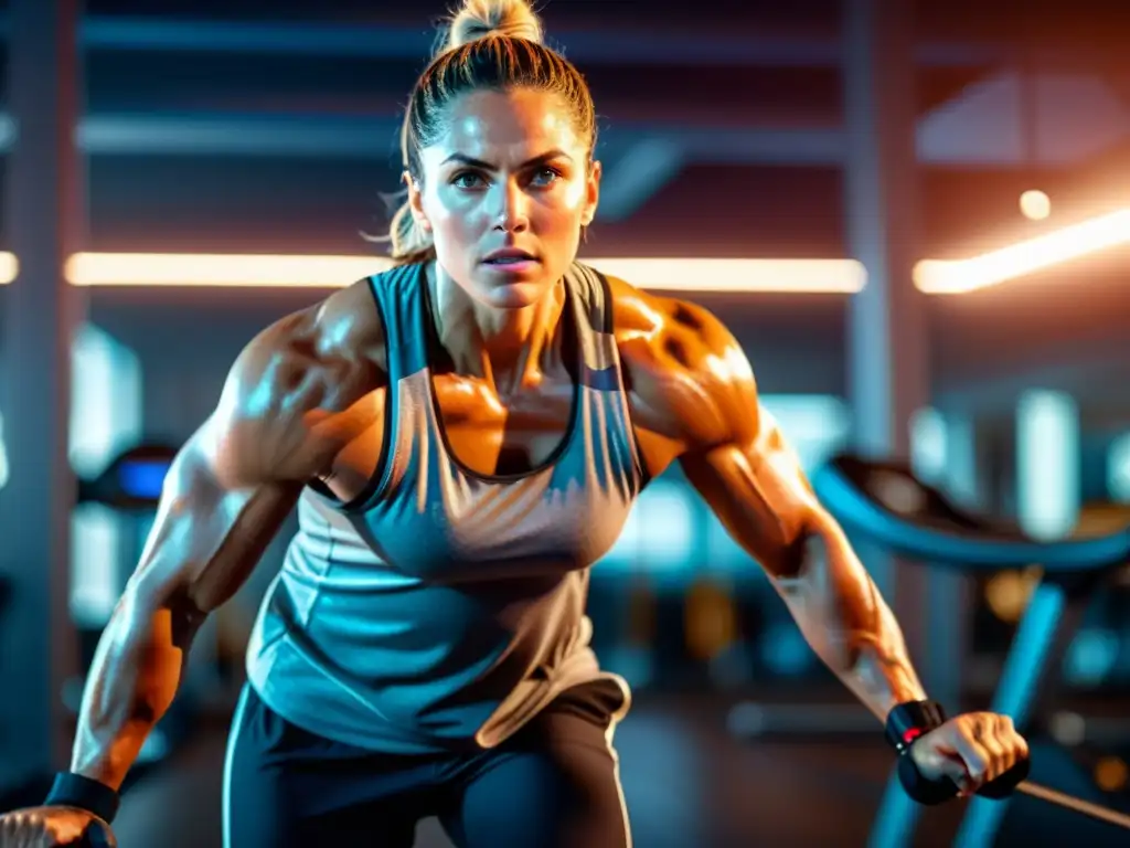 Persona en intenso entrenamiento, sudor brillante en su piel, músculos tensos y mirada determinada en un gimnasio moderno