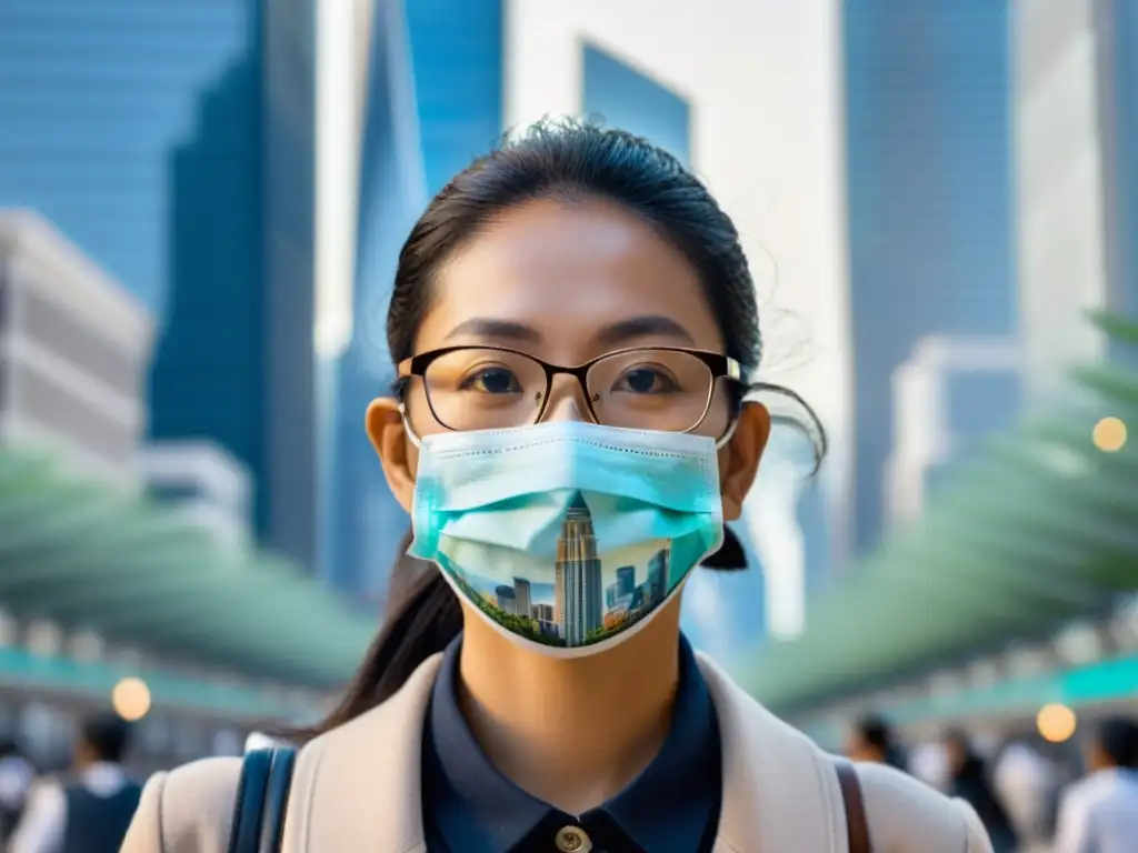 Persona con mascarilla en ciudad, contrastando contaminación y esfuerzos para combatirla, reflejos en gafas protectoras