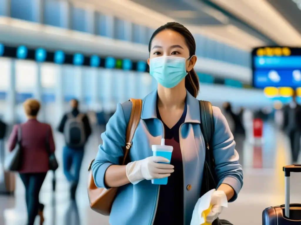 Persona con mascarilla y guantes en aeropuerto, tomando precauciones para viajes internacionales en tiempos de crisis sanitaria