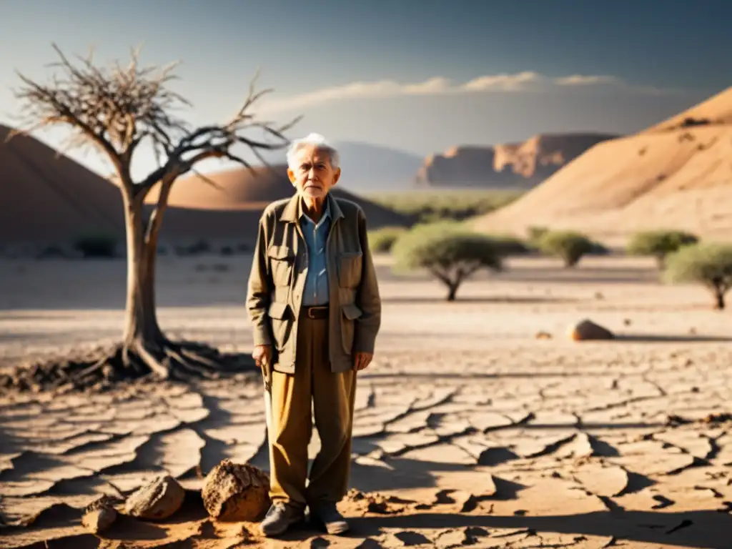 Persona mayor agotada en un paisaje árido y reseco, simbolizando el impacto del cambio climático en la inmunidad de los ancianos