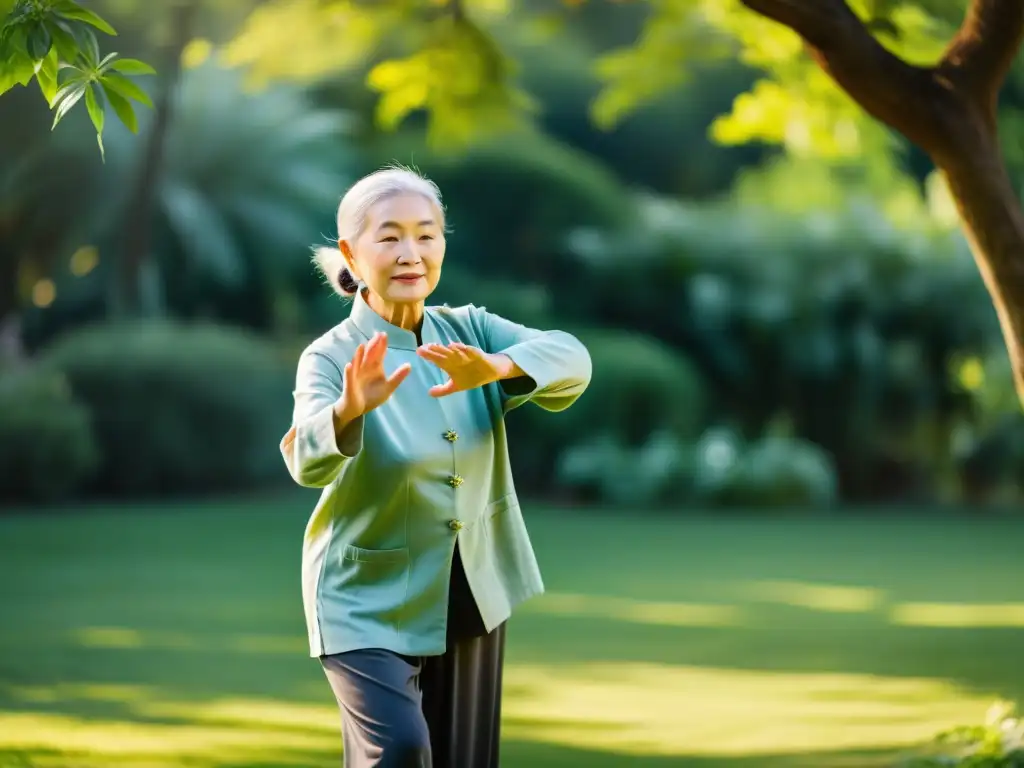 Una persona mayor practicando tai chi en un jardín sereno, rodeada de vegetación exuberante y luz solar