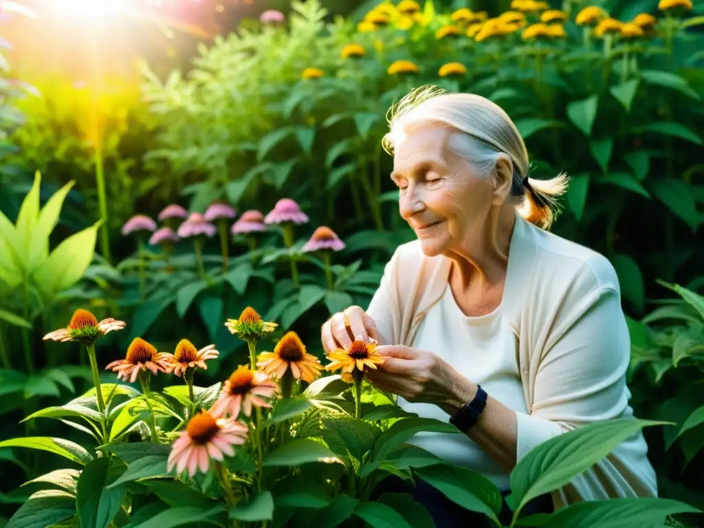 Persona mayor disfrutando de las mejores hierbas para fortalecer inmunidad en un jardín exuberante, con luz cálida y serenidad