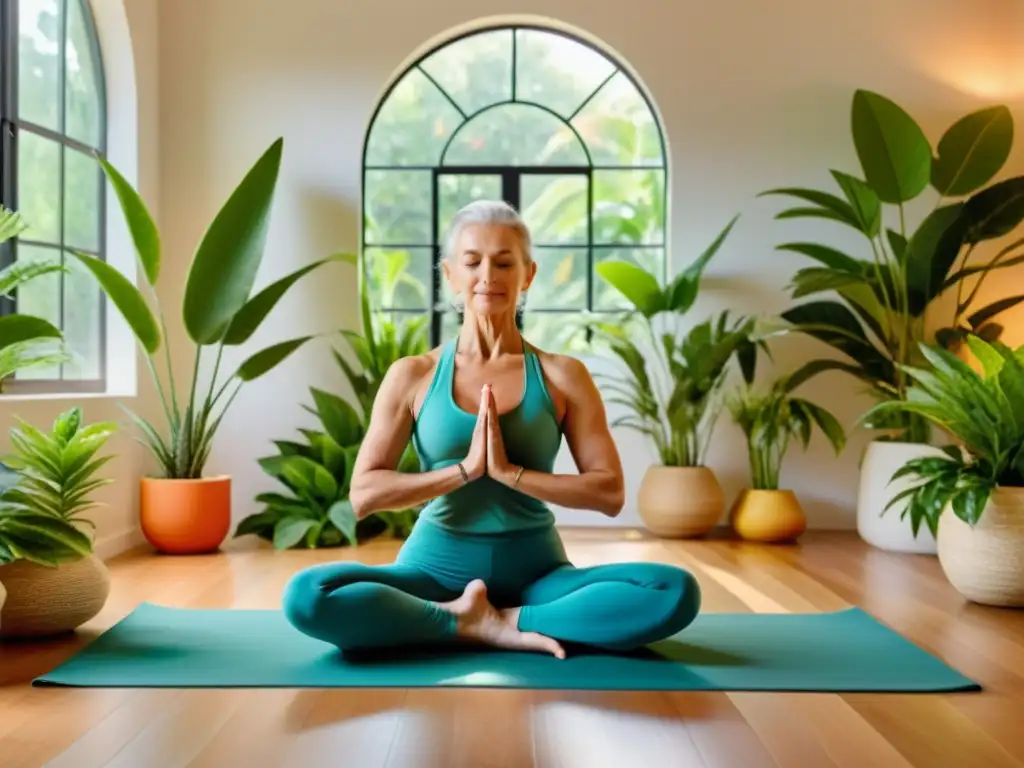 Una persona mayor practica yoga en una habitación luminosa, llena de plantas, con arte vibrante y ropa moderna