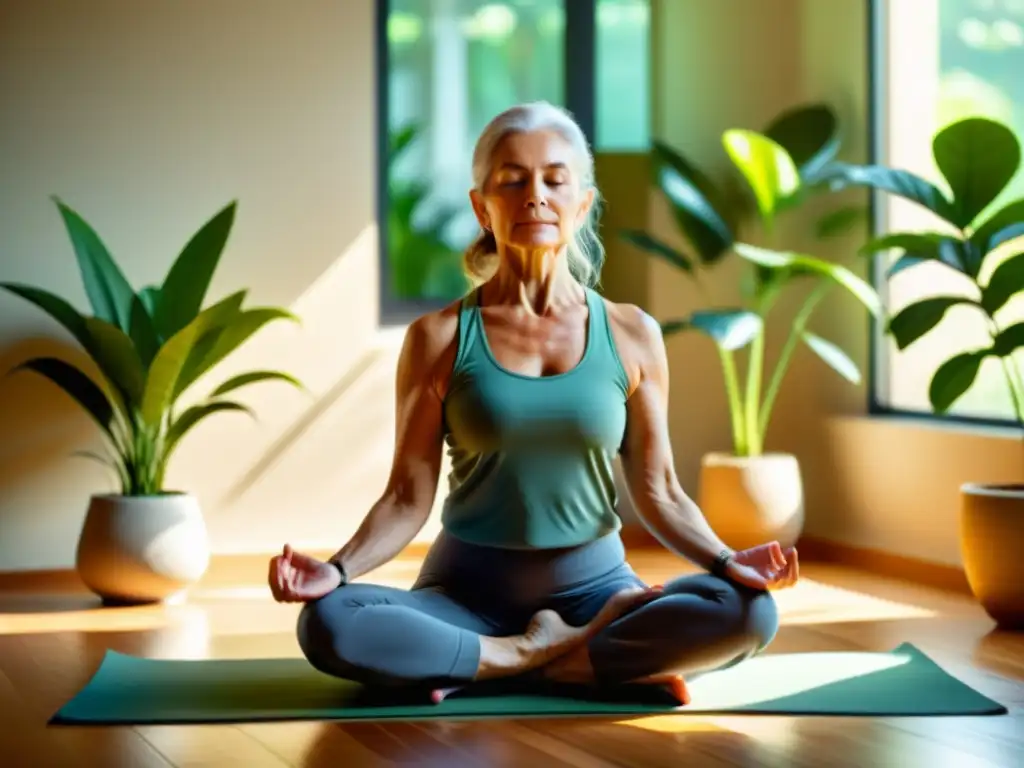 Una persona mayor serena practica yoga en una habitación iluminada por el sol, rodeada de plantas y respirando profundamente para gestionar el estrés