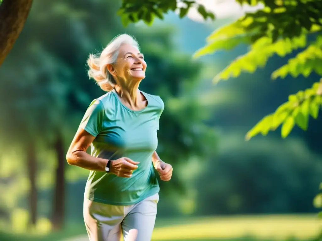 Persona mayor sonriente ejercitándose al aire libre entre la exuberante vegetación, irradiando vitalidad y salud para mantener sistema inmune joven