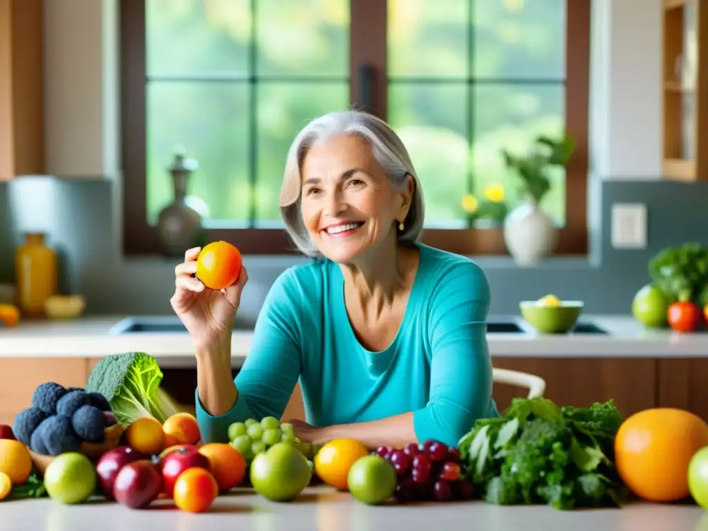 Persona mayor sonriente rodeada de frutas, verduras y suplementos para fortalecer sistema inmunológico