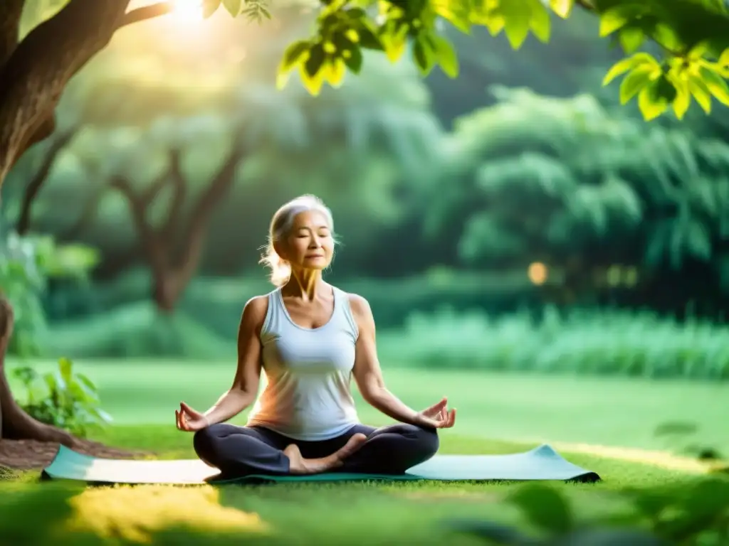 Persona mayor practicando yoga en la naturaleza, irradiando paz y fortaleza interior