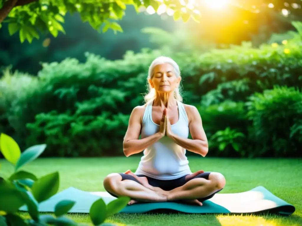 Persona mayor practicando yoga en un jardín sereno rodeado de vegetación exuberante y luz solar