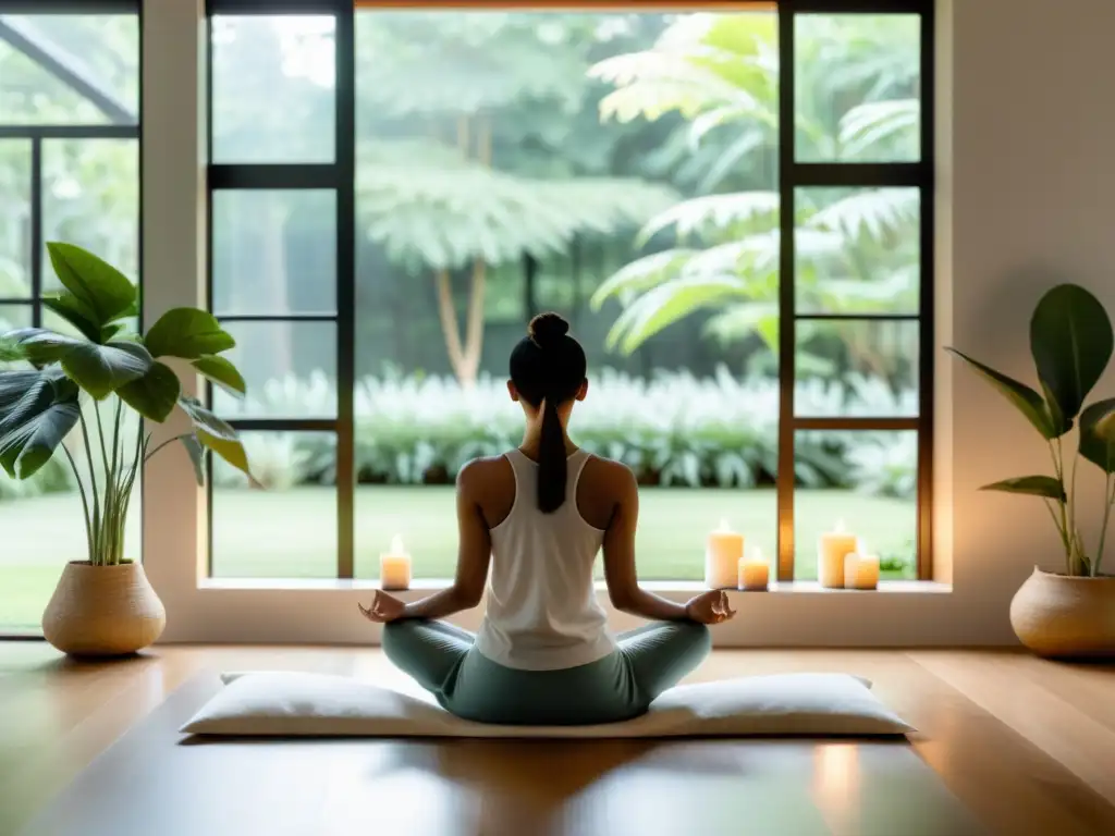 Persona practicando meditación guiada en un salón moderno y tranquilo con vista al jardín