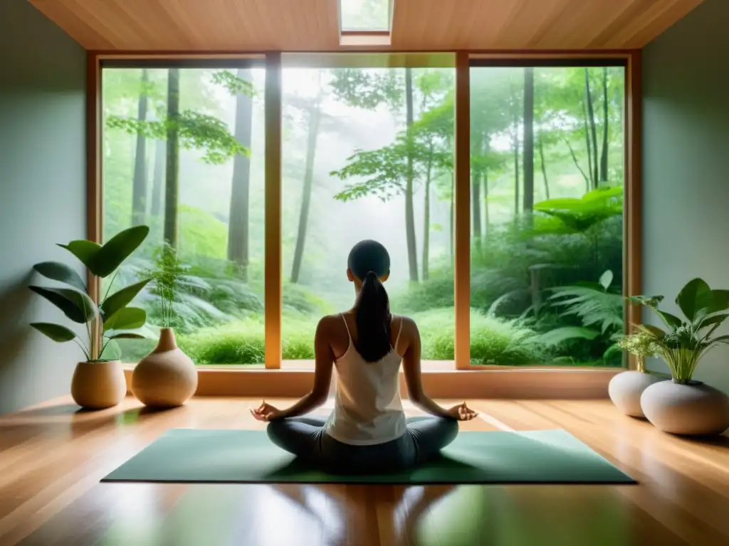 Persona en meditación guiada fortaleciendo el sistema inmunológico en sereno espacio con vista al bosque