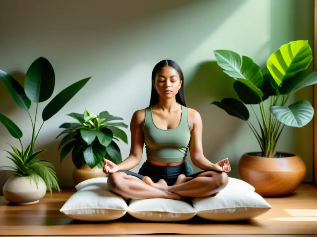 Persona en meditación profunda rodeada de plantas, en un ambiente tranquilo y minimalista