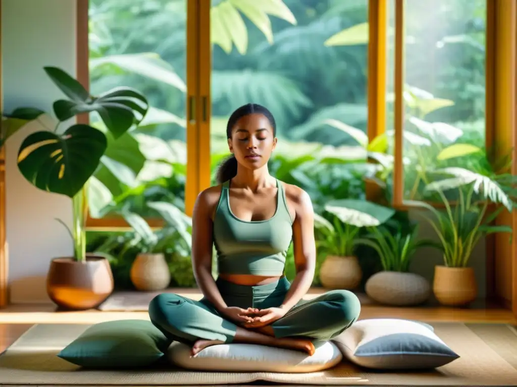 Persona practicando mindfulness en un ambiente sereno y soleado, rodeada de plantas verdes