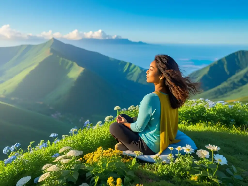 Persona practicando mindfulness en la cima de una montaña, rodeada de flores y calma