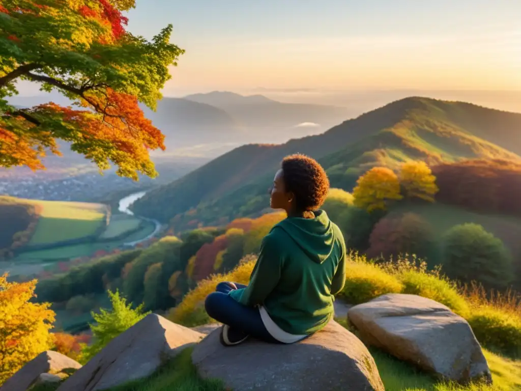 Persona practicando mindfulness en la cima de la montaña, rodeada de árboles otoñales y bañada por la luz del amanecer