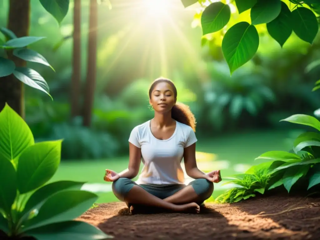 Meditación en la naturaleza: Serenidad y calma para la gestión del estrés Persona practicando mindfulness en entorno natural, destacando la importancia del estrés en el sistema inmunológico