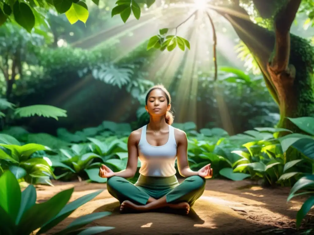 Persona practicando mindfulness en la naturaleza, rodeada de vegetación exuberante y luz solar, transmitiendo paz y tranquilidad