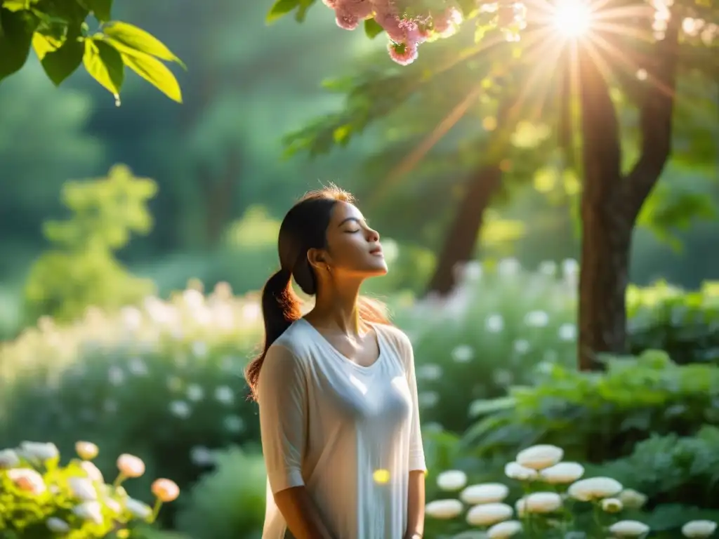 Persona practicando mindfulness en la naturaleza, rodeada de paz y belleza, para promover psiconeuroinmunología y emociones saludables