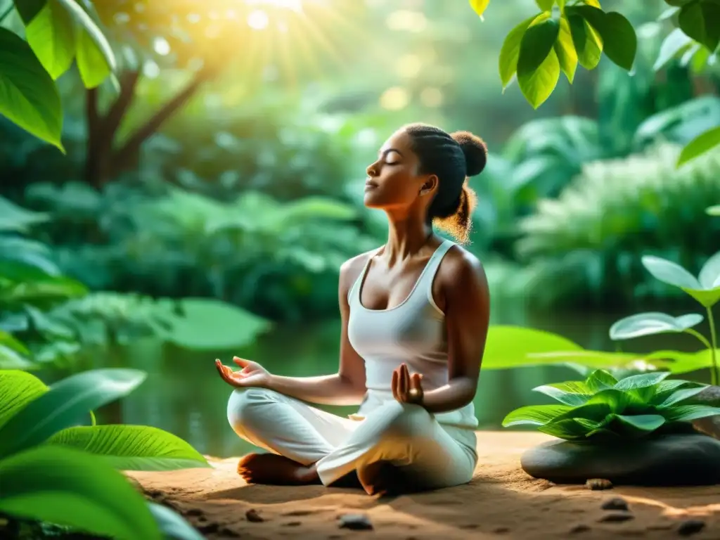 Persona practicando mindfulness en la naturaleza, rodeada de vegetación exuberante y luz suave