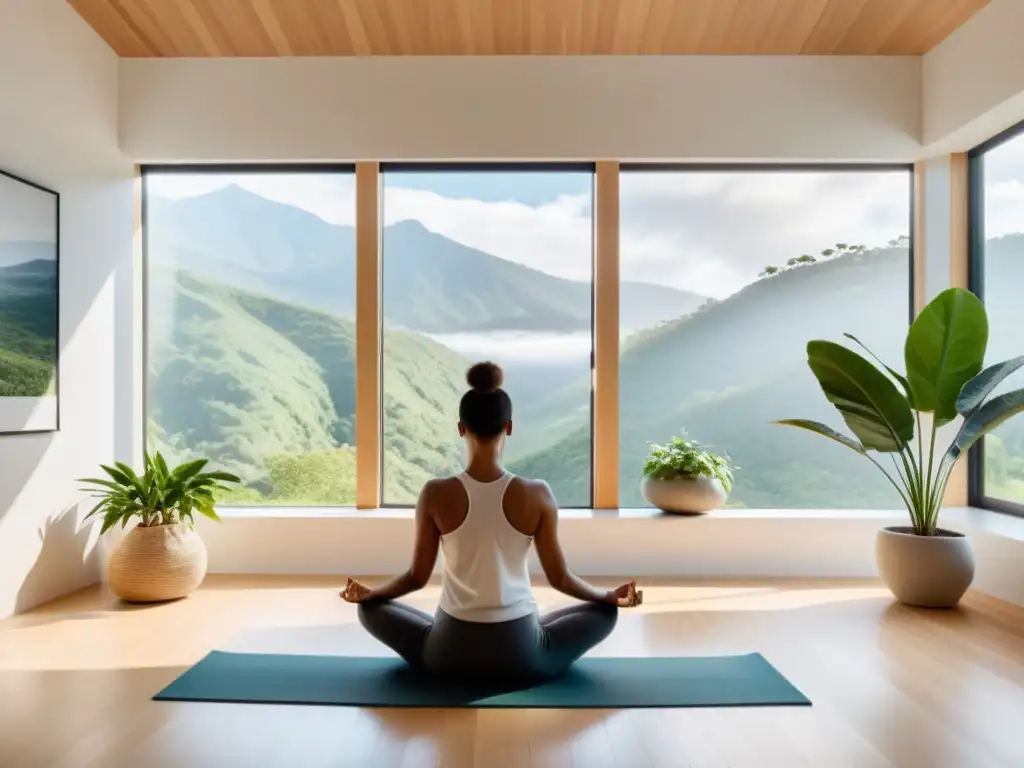 Oficina Zen: Integrando la calma y el equilibrio Persona practicando mindfulness en una oficina moderna con vista a la naturaleza