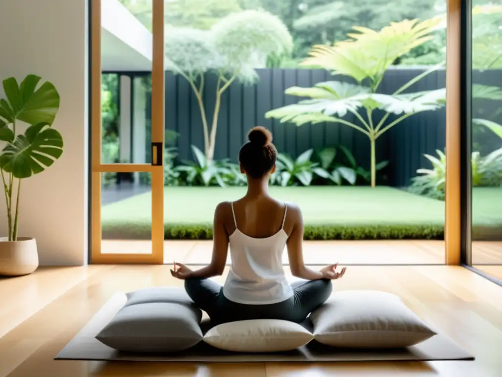 Persona practicando mindfulness en sala con vistas a jardín