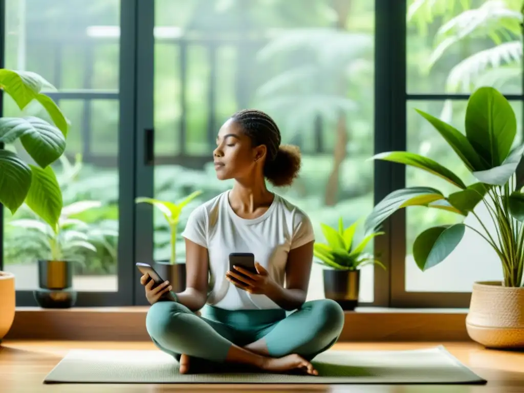 Persona practicando mindfulness en un salón moderno, rodeada de plantas