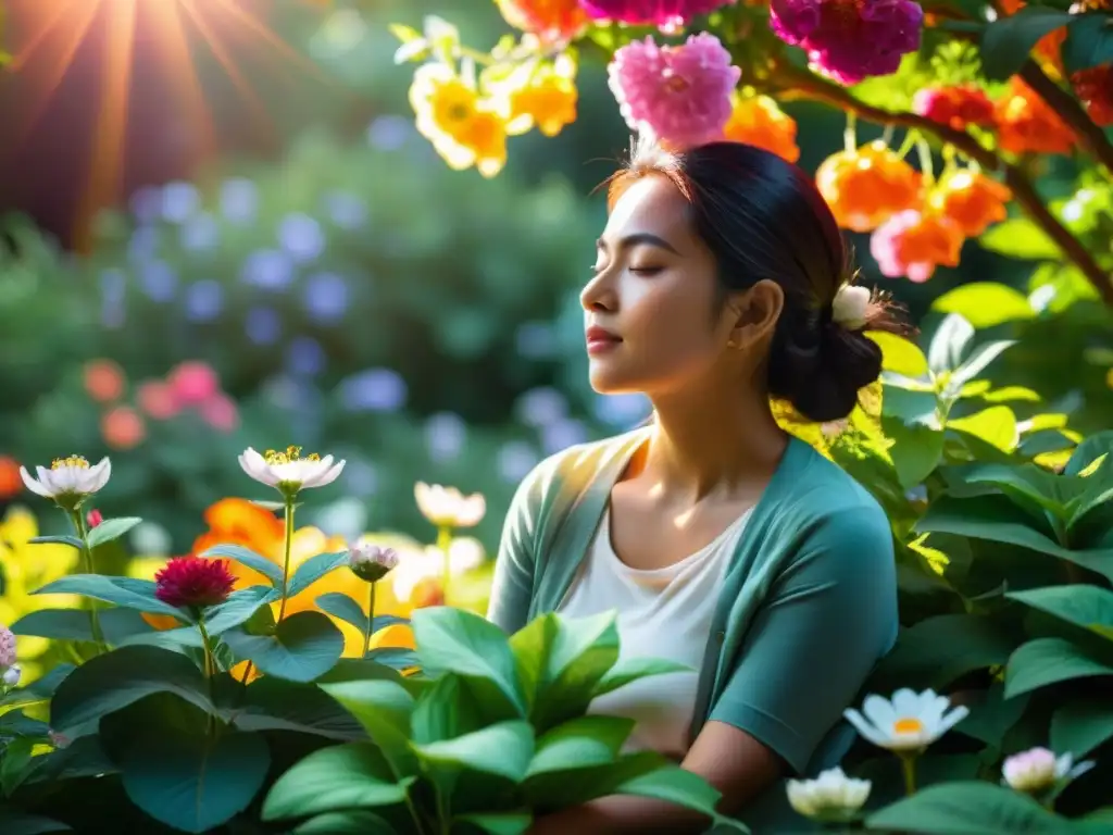 Persona practicando mindfulness en un jardín tranquilo, rodeada de flores