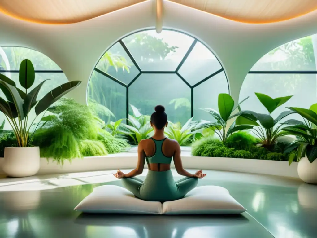 Persona meditando en moderna sala de meditación, rodeada de plantas