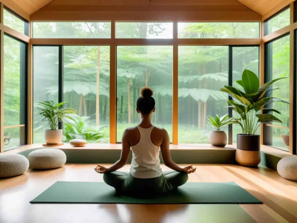 Persona meditando en moderna sala con vista al bosque