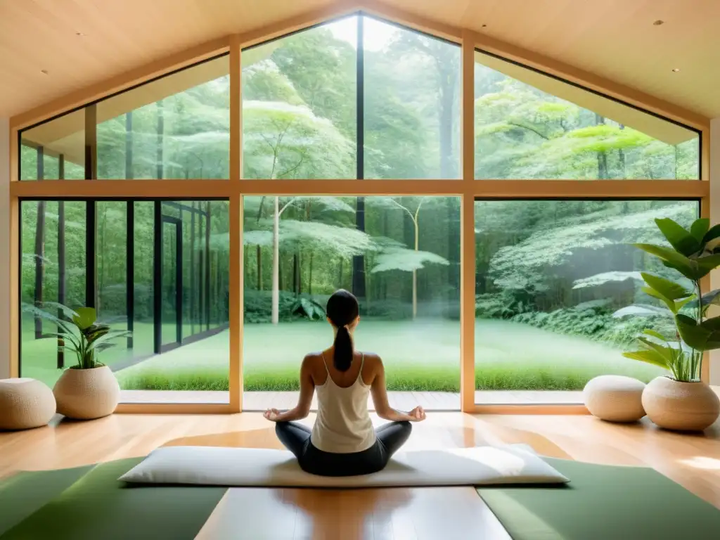 Persona meditando en moderna habitación con vista al bosque, efectos de la meditación en el sistema inmunológico