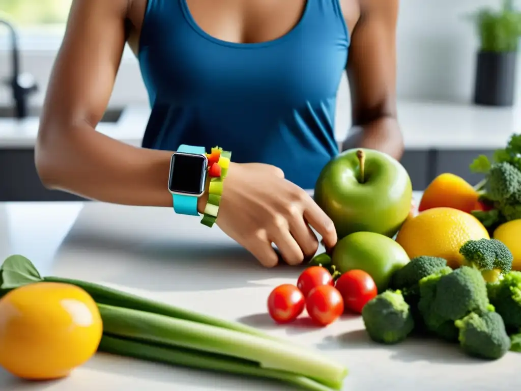 Una persona usando un moderno dispositivo wearable cocina una comida saludable en una cocina contemporánea bien iluminada