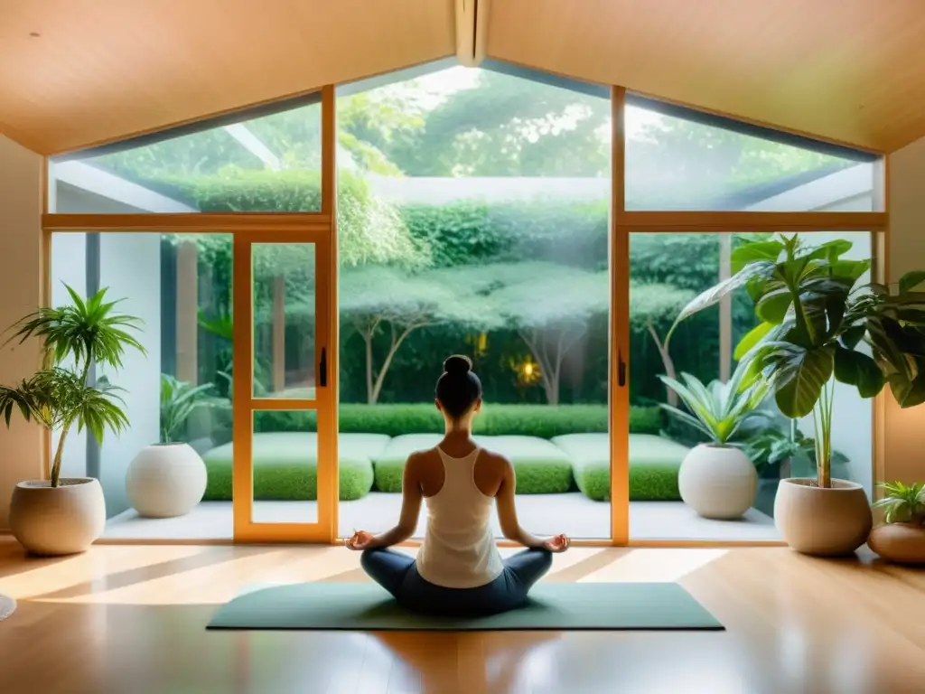 Persona meditando en un moderno espacio con vista a un jardín, transmitiendo tranquilidad y paz interior