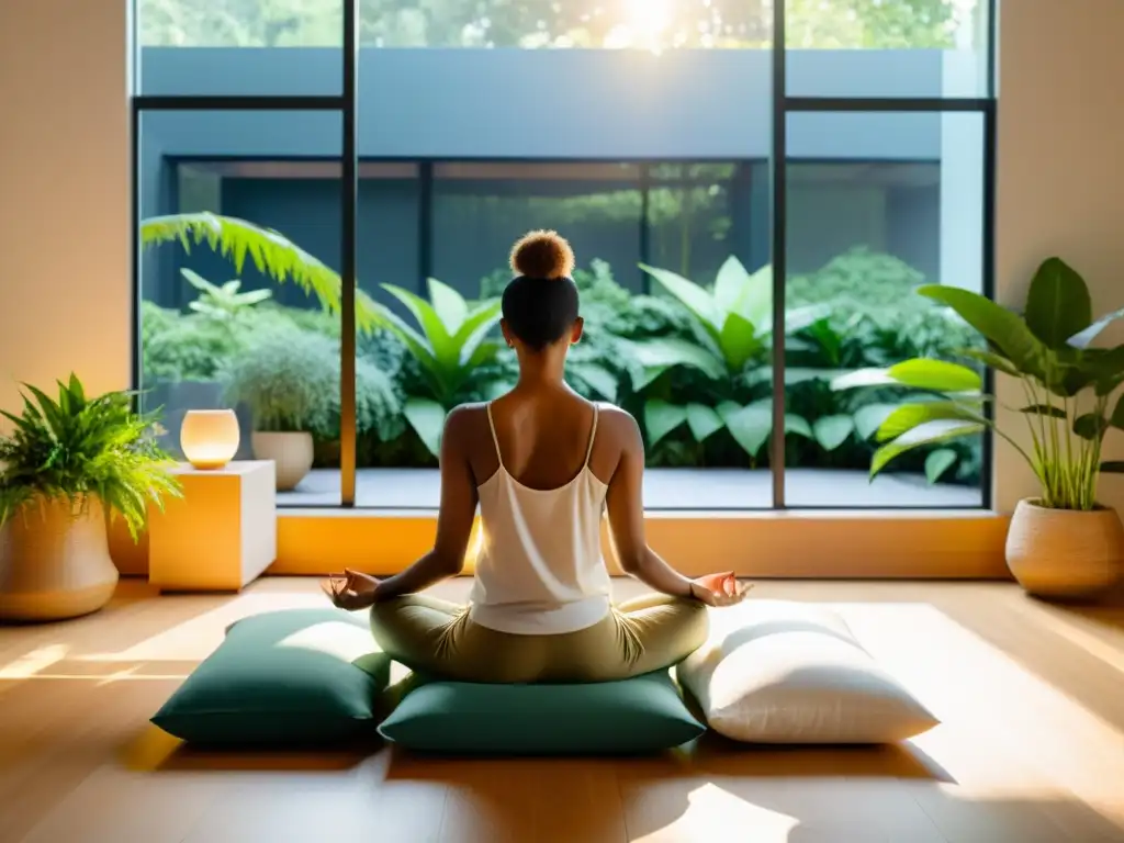 Persona meditando en cojín moderno rodeada de plantas verdes, con luz dorada del atardecer