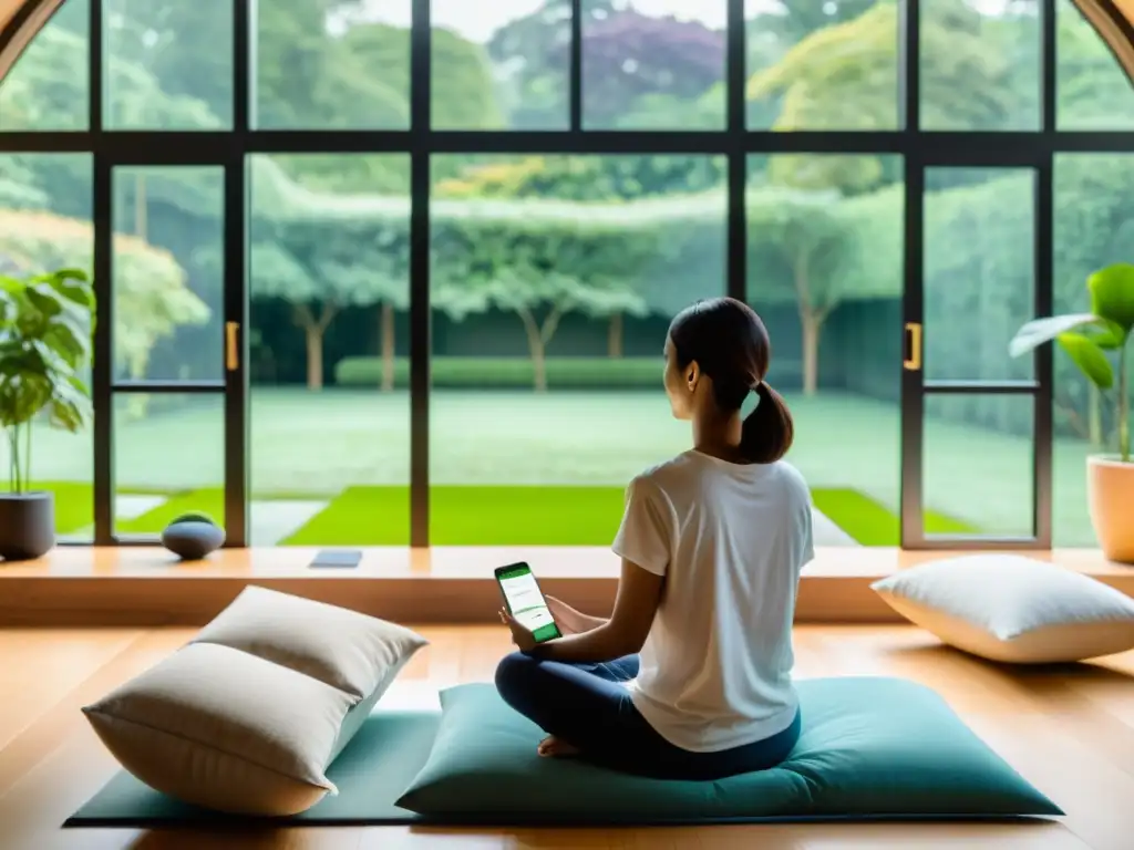 Una persona medita tranquilamente en un moderno salón con vista a un exuberante jardín