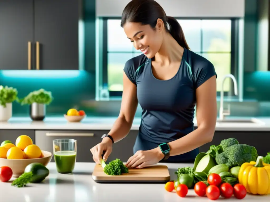 Persona usando un monitor de actividad al cocinar en una cocina moderna