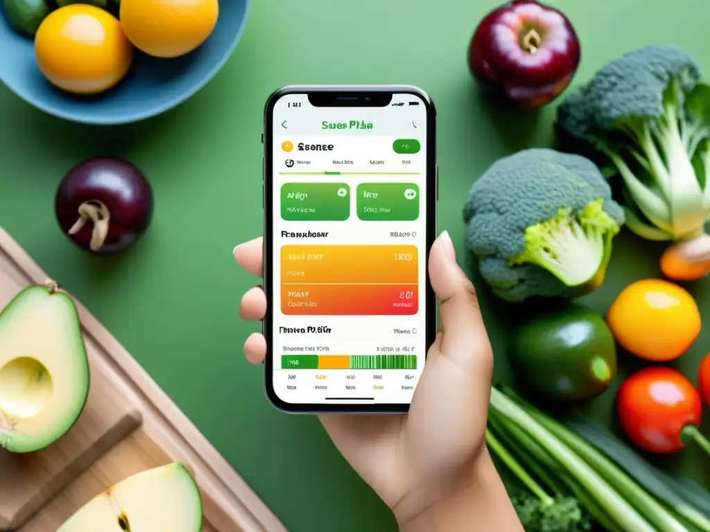 Persona motivada usa app de dieta y ejercicio en cocina moderna, rodeada de frutas y verduras frescas