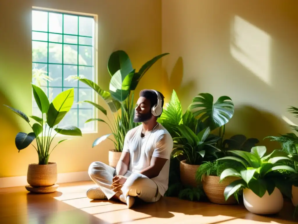 Persona escuchando música calmante entre plantas verdes en una habitación soleada